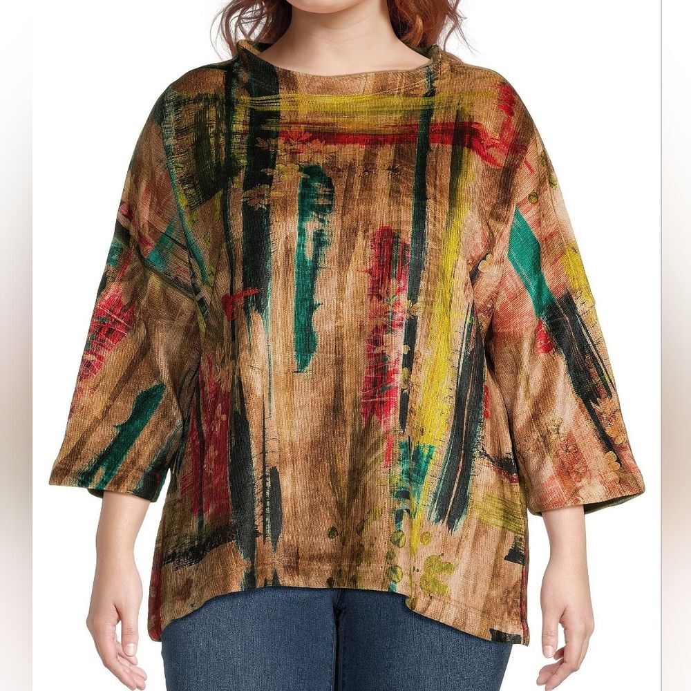 Ali Miles Shirt Tunic Womens Size XL Brown Floral Lagenlook Lagom Work Artsy